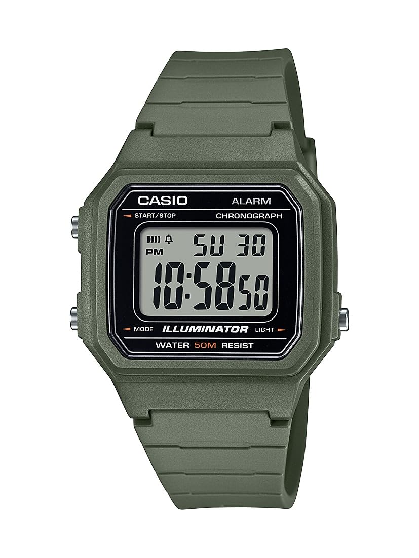 Casio W217H-3AV Series | Men’s Digital Watch | Green | 50M WR | Resin Band | LED Backlight | 1/100 SEC Stopwatch | Daily Alarm | Auto Calendar | 12/24 HR Format | Chronograph | 7 Year Battery