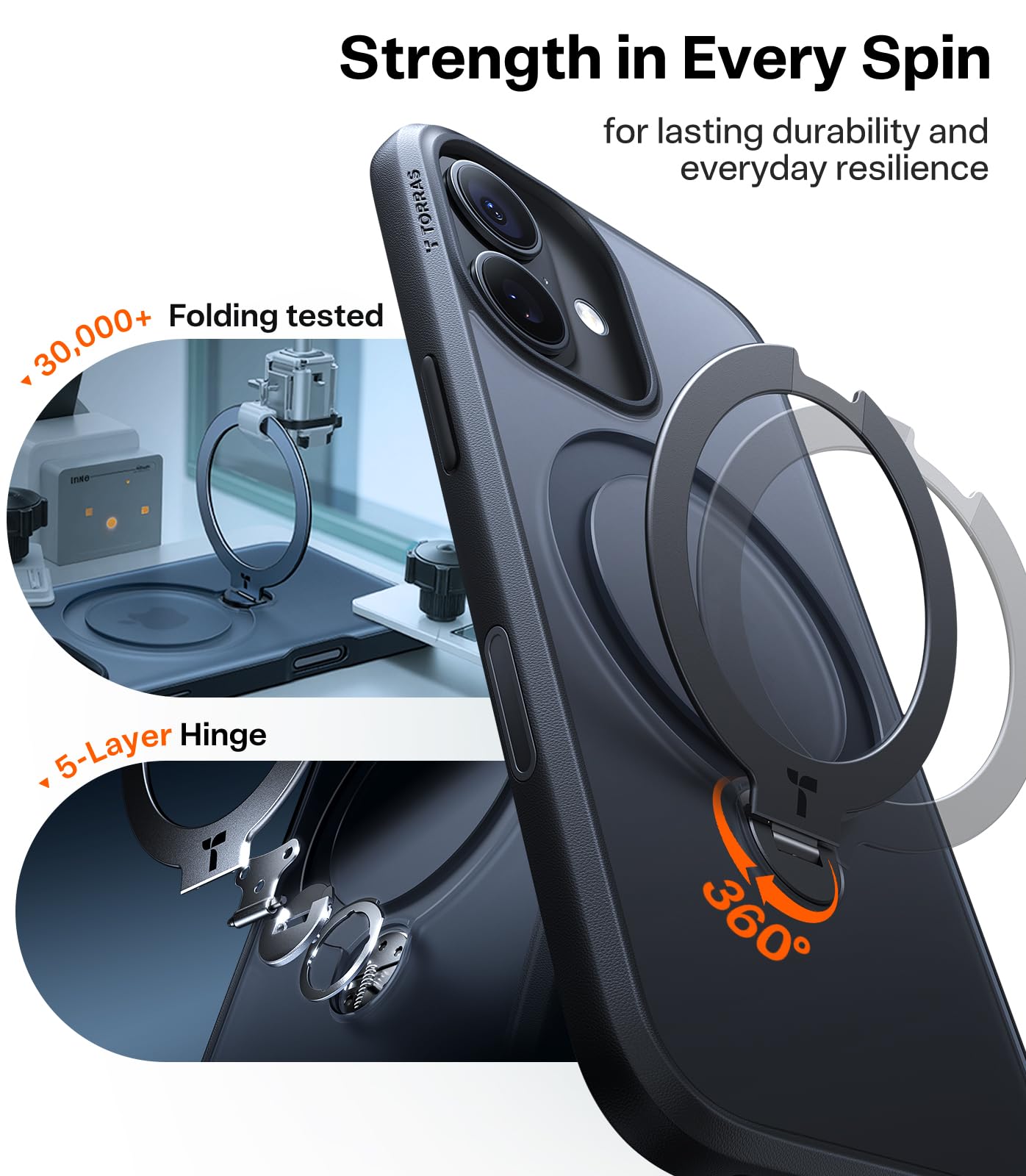 TORRAS Q3 360 Spin for iPhone 17 Case with Camera Control Button, Fit for MagSafe, Military Grade Protective Kickstand Case for 17 Phone Case with Stand, Black