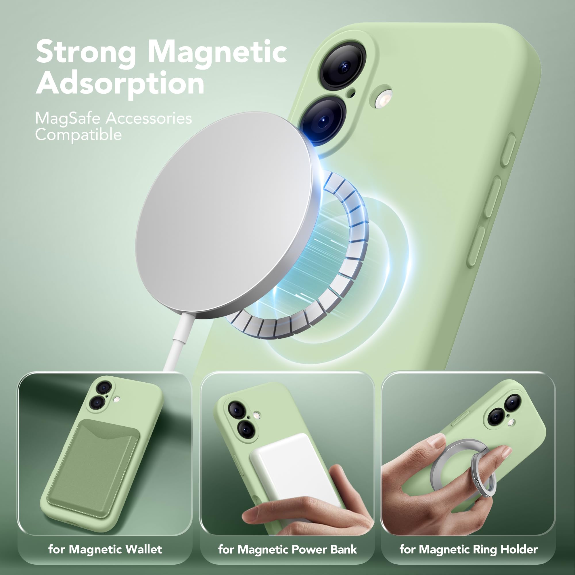 SuydanBox Magnetic for iPhone 17 Case, Compatible with MagSafe, [Full Camera Protection][Screen Protector] Silicone Shockproof Protective Phone Case for iPhone 17 6.3", Matcha