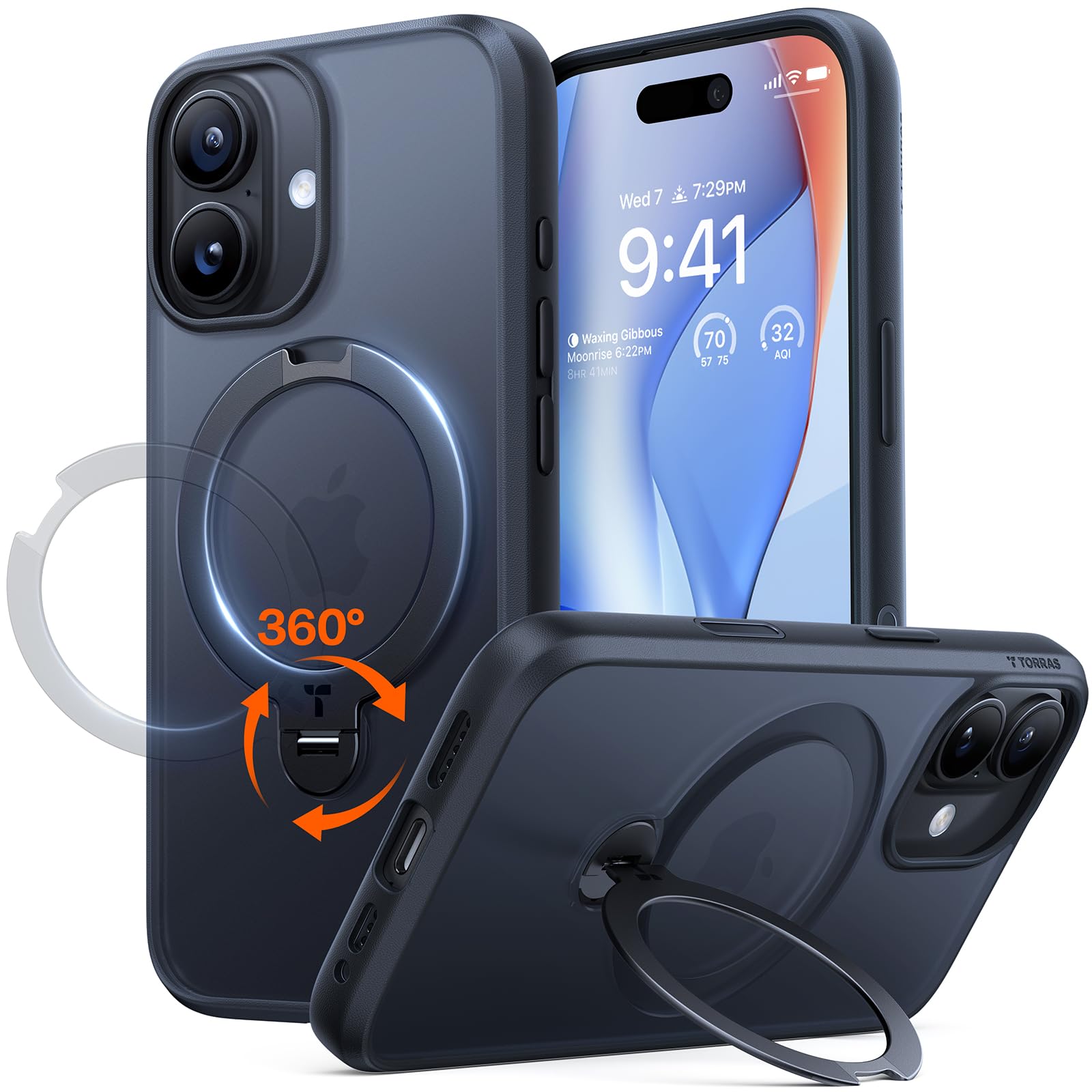 TORRAS Q3 360 Spin for iPhone 17 Case with Camera Control Button, Fit for MagSafe, Military Grade Protective Kickstand Case for 17 Phone Case with Stand, Black